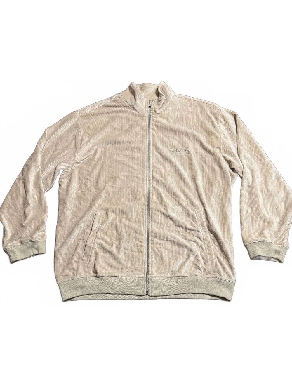 Chaps Ralph Lauren Mens Vintage Velour Track Jacket XL Beige Full Zip Ribbed 90s